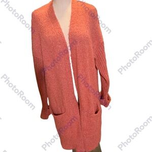 Parkhurst, Large, long pinkish orange open face cardigan